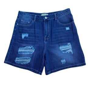 New Pinkmarco Women's Ripped Distressed Dark Wash High Rise Jean Denim Shorts L